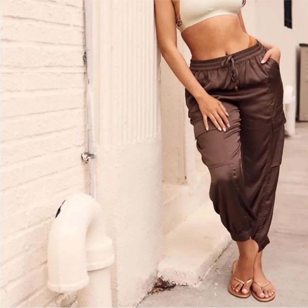AERIE | Relic Chocolate Brown Satin Look Cargo Jogger Pants Women’s Size Large